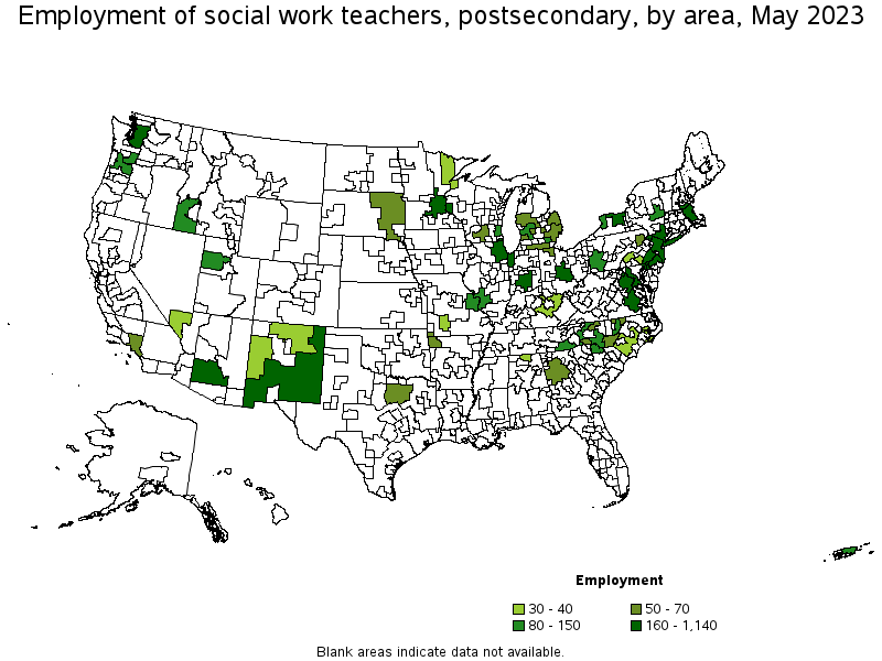 Map of employment of social work teachers, postsecondary by area, May 2023