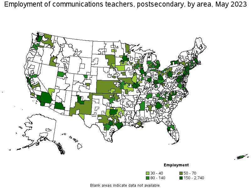 Map of employment of communications teachers, postsecondary by area, May 2023