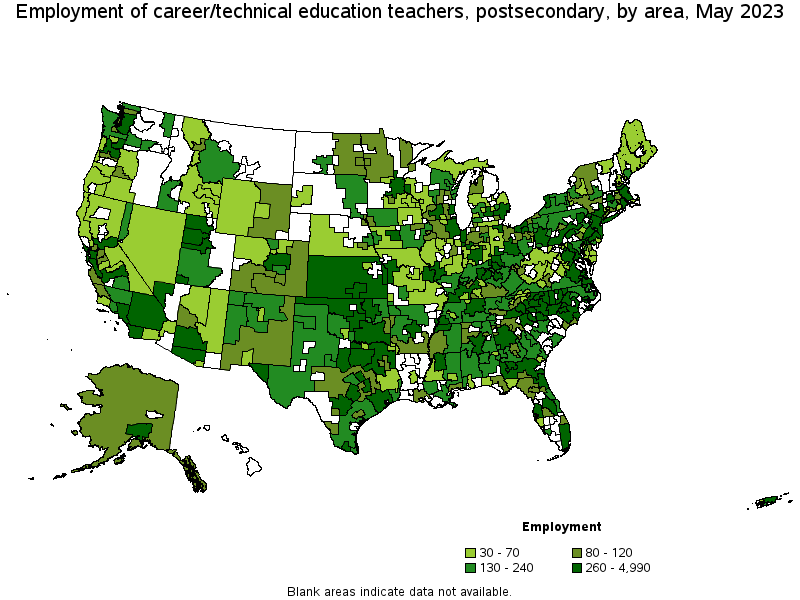 Map of employment of career/technical education teachers, postsecondary by area, May 2023