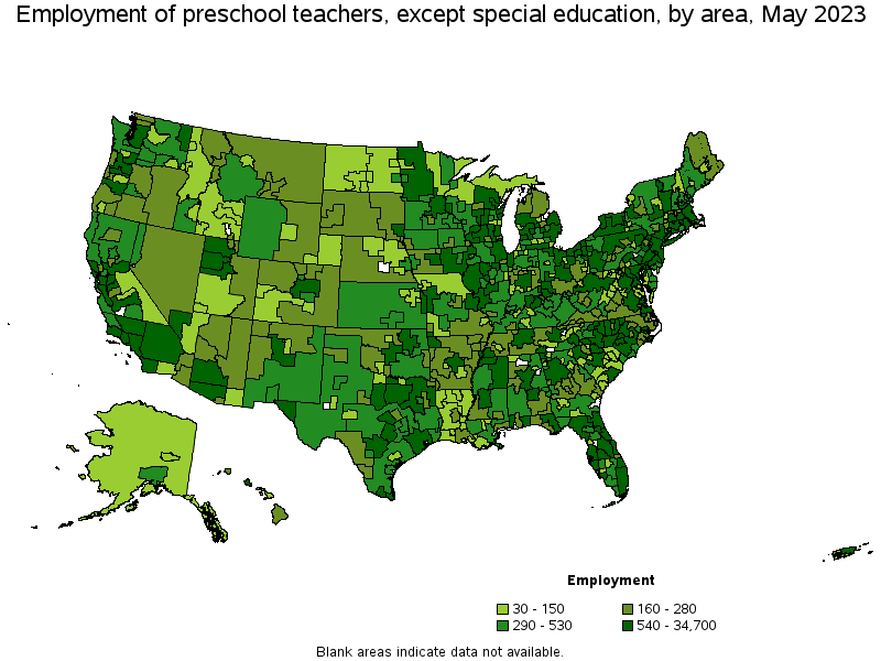 Map of employment of preschool teachers, except special education by area, May 2023