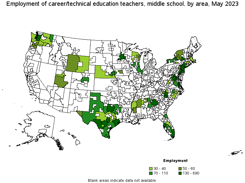 Map of employment of career/technical education teachers, middle school by area, May 2023