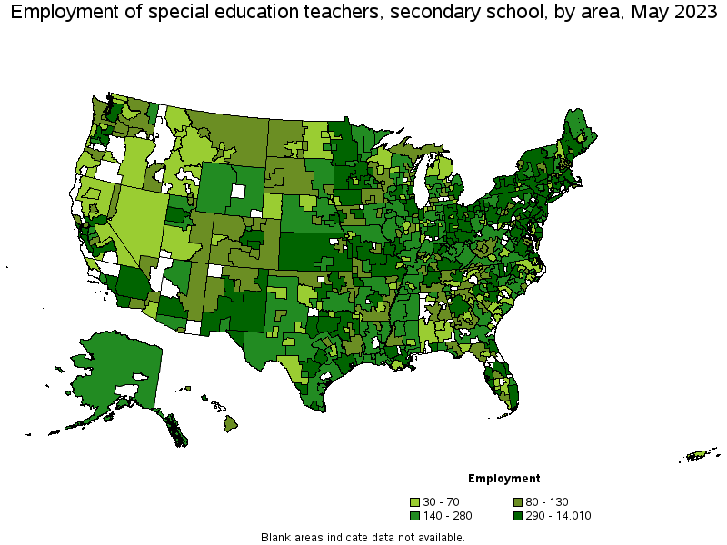 Map of employment of special education teachers, secondary school by area, May 2023