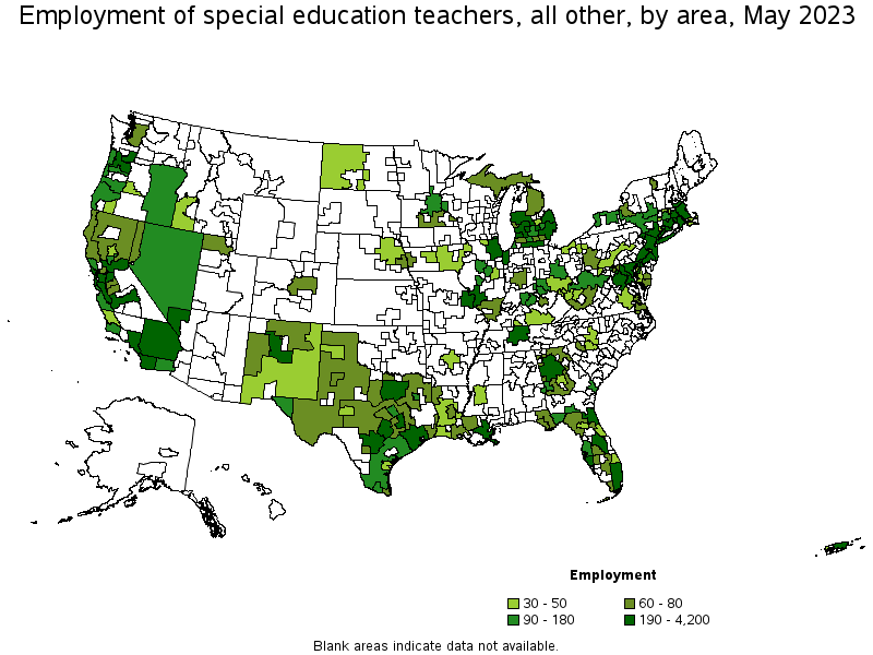 Map of employment of special education teachers, all other by area, May 2023
