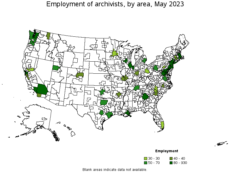 Map of employment of archivists by area, May 2023
