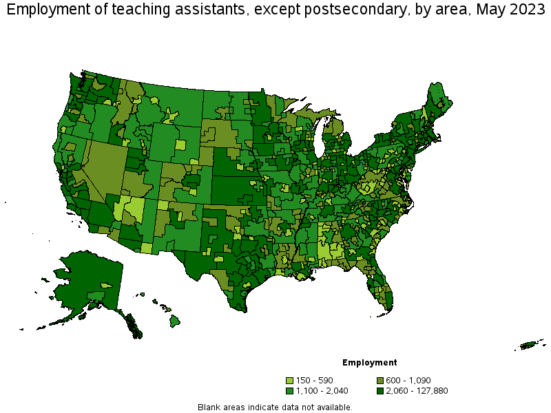 Map of employment of teaching assistants, except postsecondary by area, May 2023