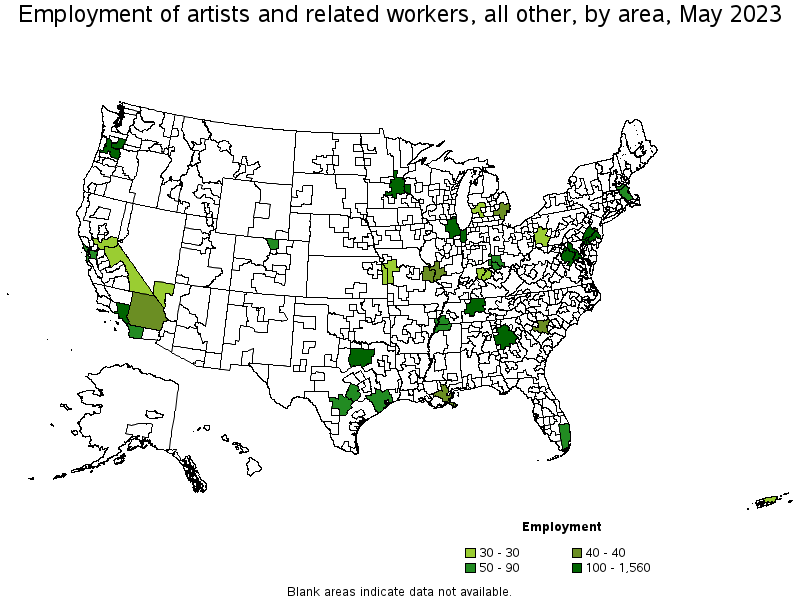 Map of employment of artists and related workers, all other by area, May 2023