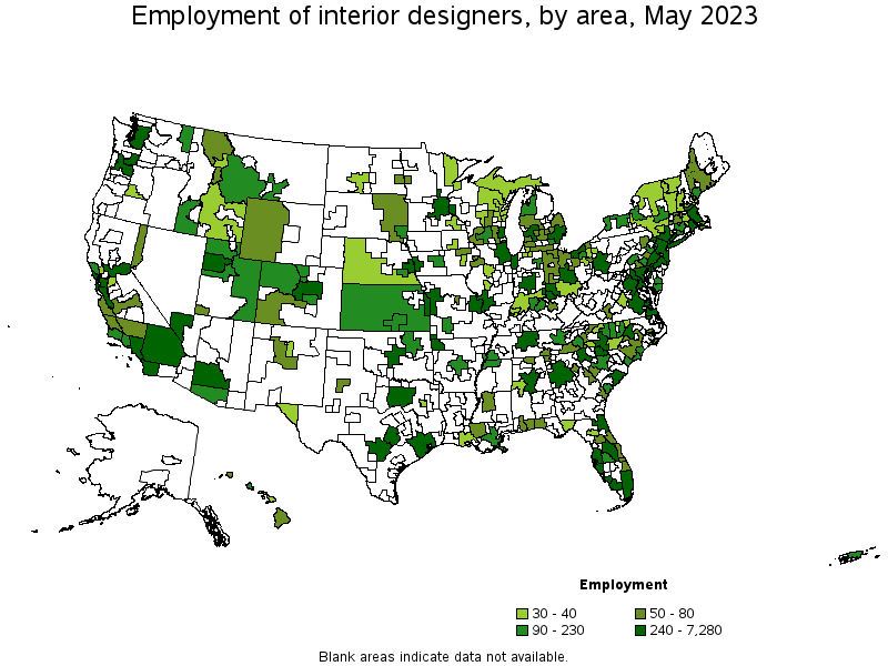 Map of employment of interior designers by area, May 2023