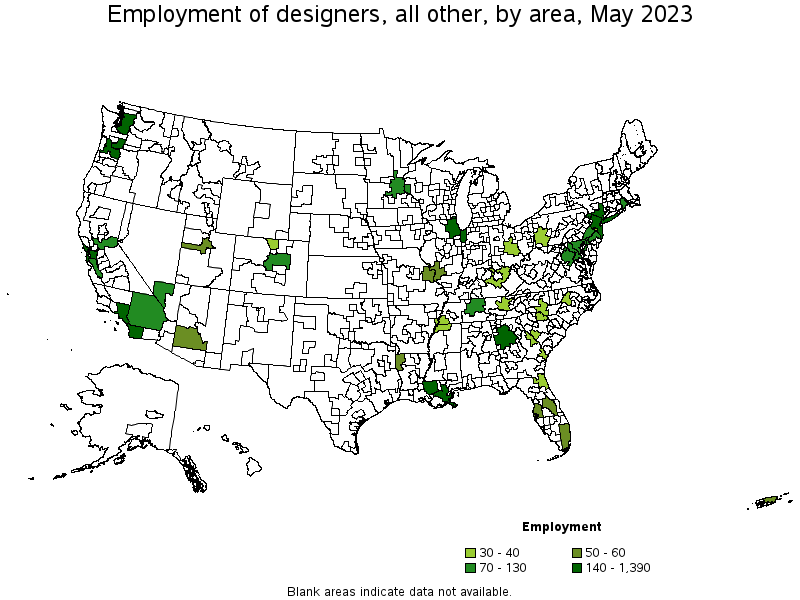 Map of employment of designers, all other by area, May 2023