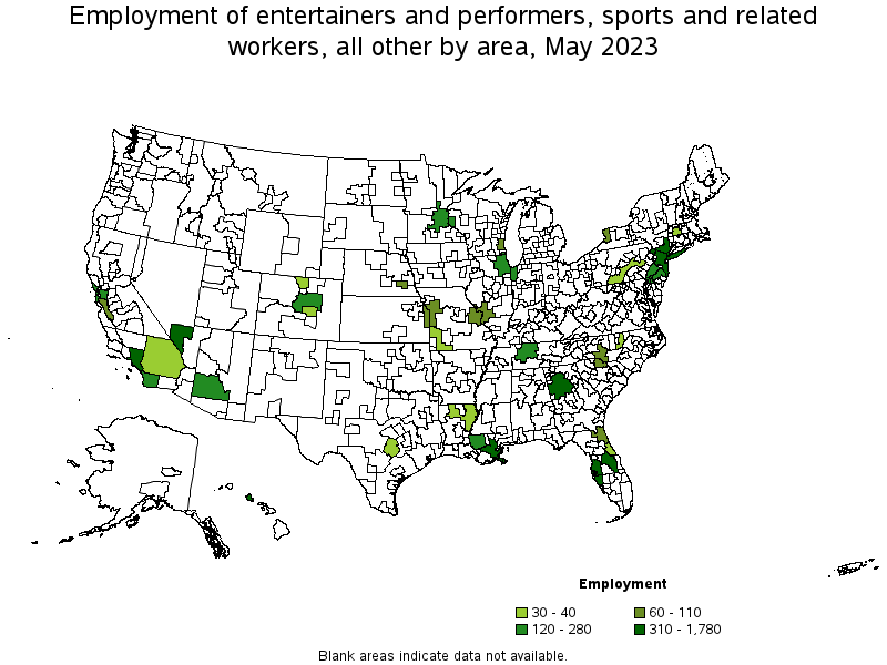 Map of employment of entertainers and performers, sports and related workers, all other by area, May 2023
