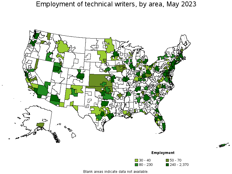 Map of employment of technical writers by area, May 2023