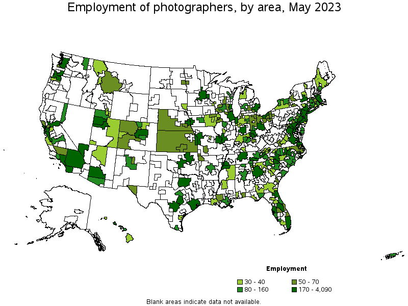 Map of employment of photographers by area, May 2023