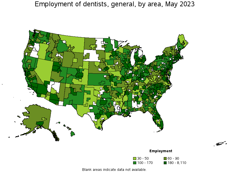 Map of employment of dentists, general by area, May 2023