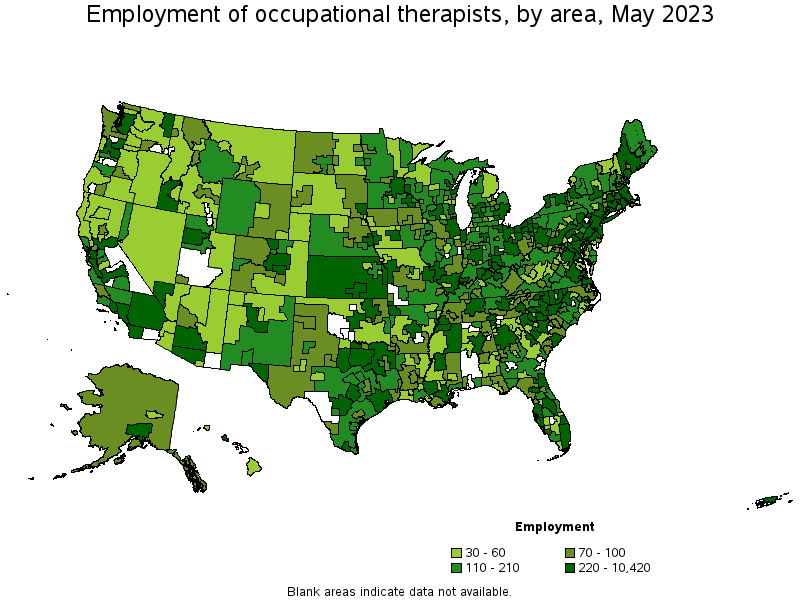 Map of employment of occupational therapists by area, May 2023