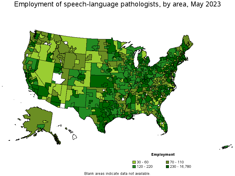 Map of employment of speech-language pathologists by area, May 2023