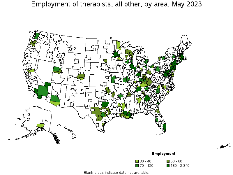Map of employment of therapists, all other by area, May 2023