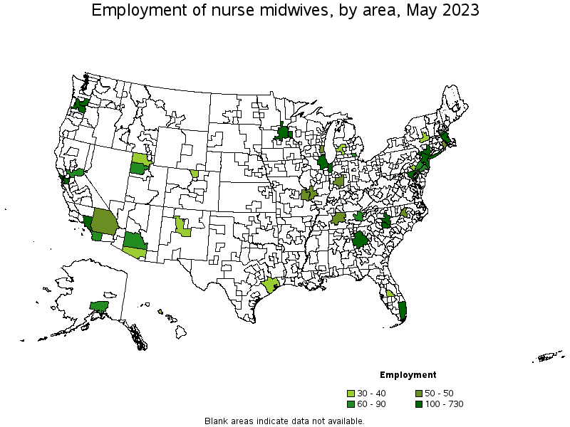 Map of employment of nurse midwives by area, May 2023