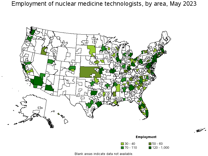 Map of employment of nuclear medicine technologists by area, May 2023