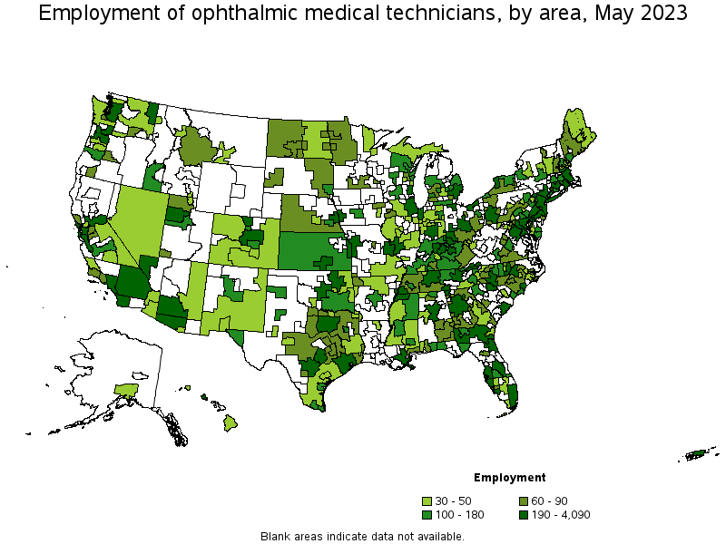 Map of employment of ophthalmic medical technicians by area, May 2023