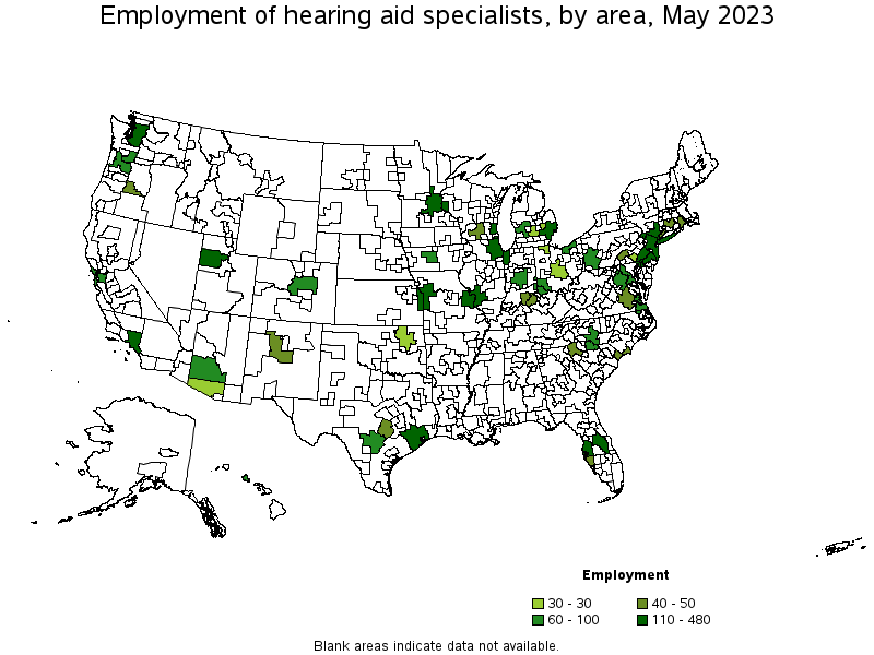 Map of employment of hearing aid specialists by area, May 2023