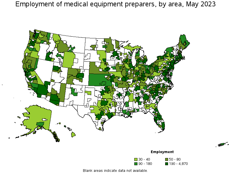 Map of employment of medical equipment preparers by area, May 2023
