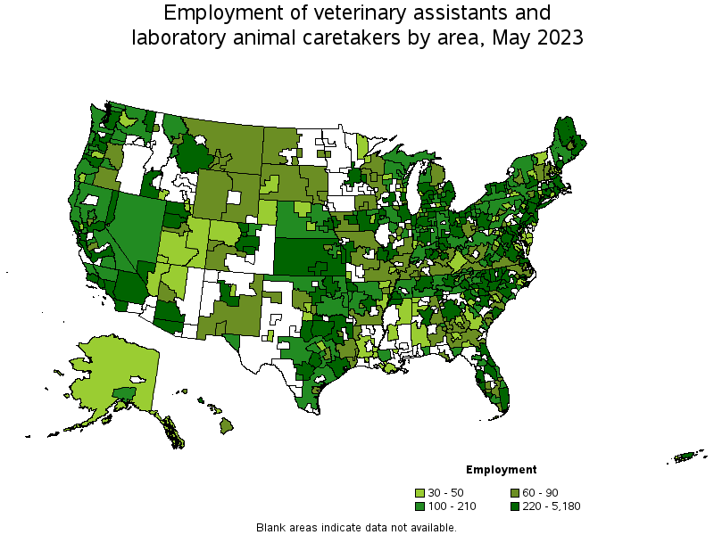 Map of employment of veterinary assistants and laboratory animal caretakers by area, May 2023