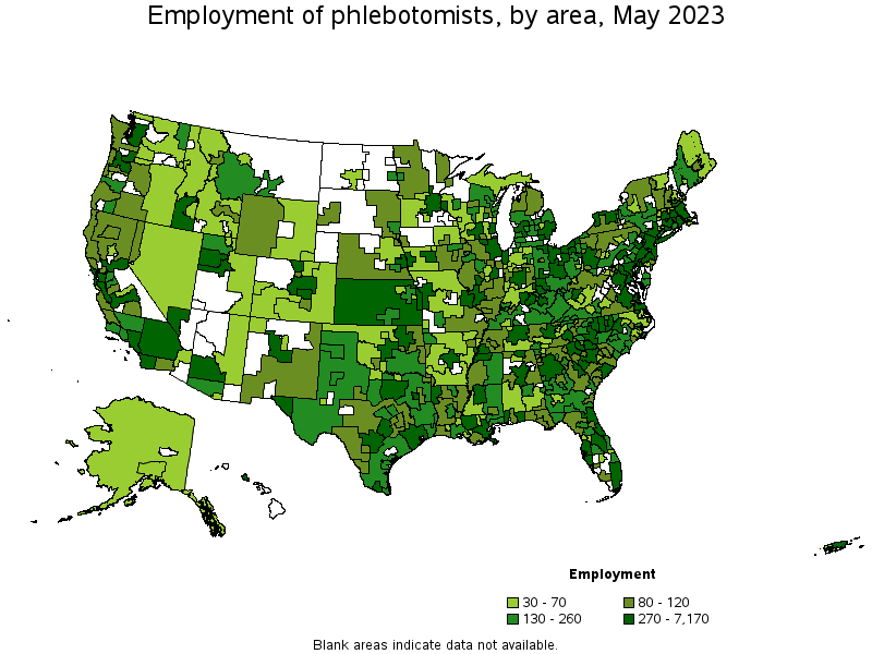 Map of employment of phlebotomists by area, May 2023