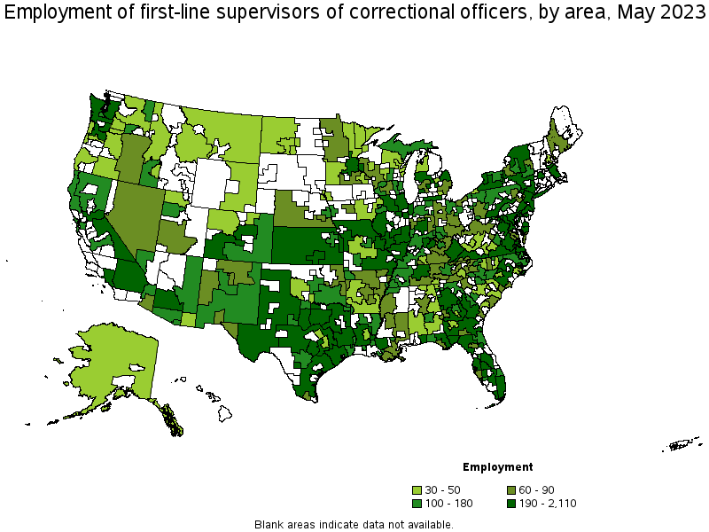 Map of employment of first-line supervisors of correctional officers by area, May 2023