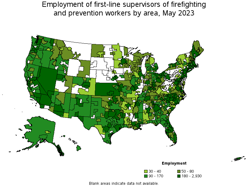 Map of employment of first-line supervisors of firefighting and prevention workers by area, May 2023