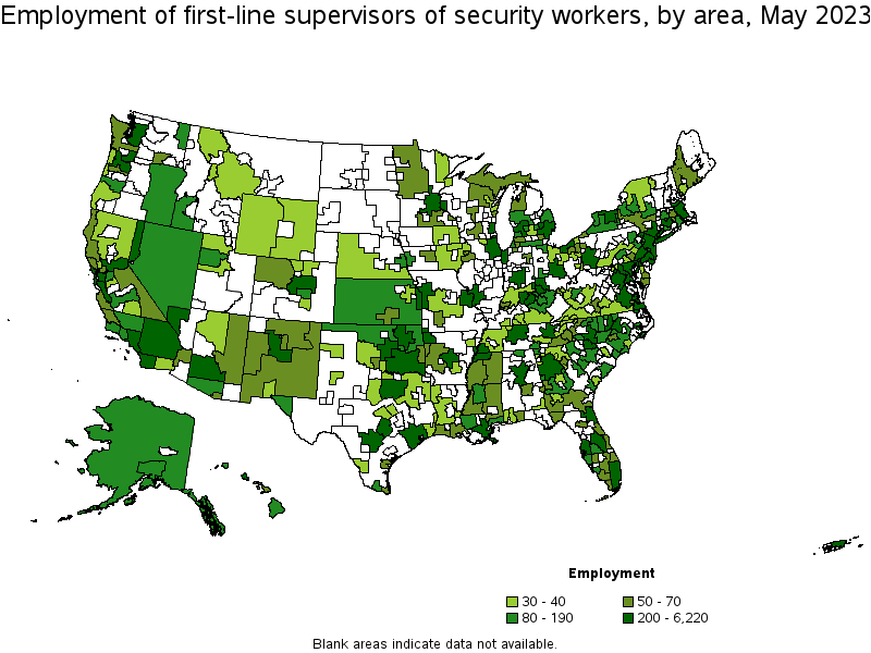 Map of employment of first-line supervisors of security workers by area, May 2023