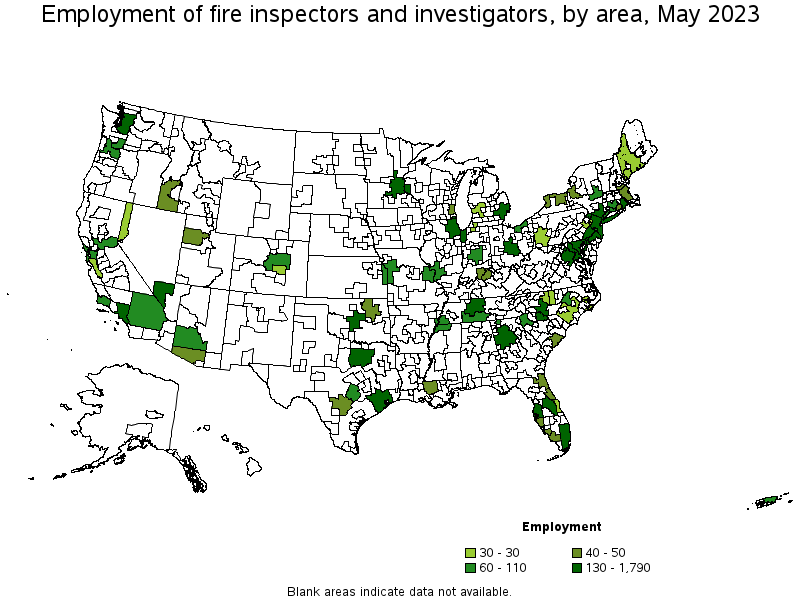 Map of employment of fire inspectors and investigators by area, May 2023