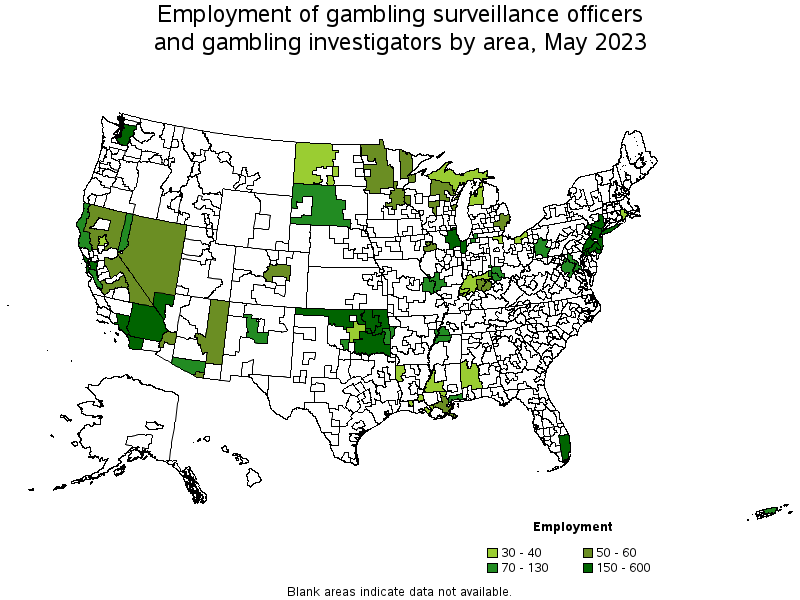 Map of employment of gambling surveillance officers and gambling investigators by area, May 2023