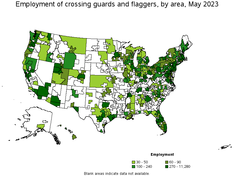 Map of employment of crossing guards and flaggers by area, May 2023