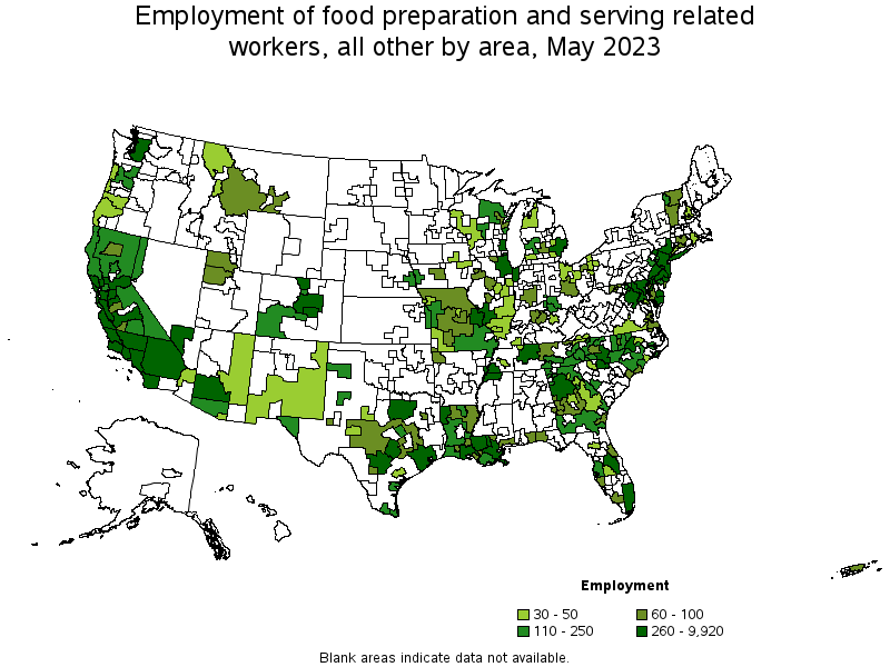 Map of employment of food preparation and serving related workers, all other by area, May 2023