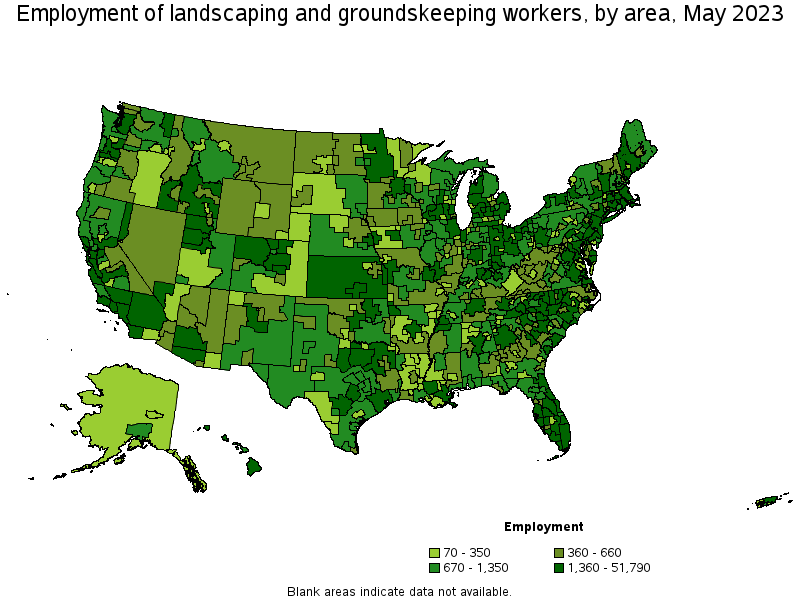 Map of employment of landscaping and groundskeeping workers by area, May 2023