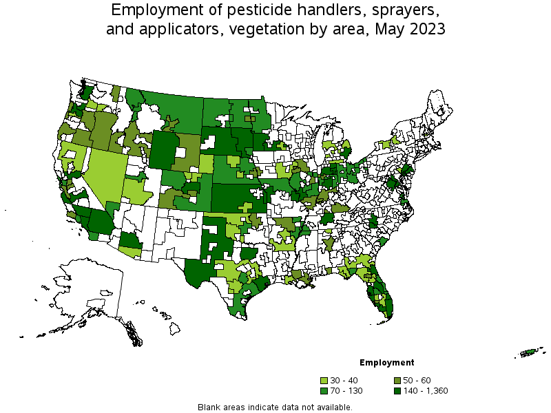 Map of employment of pesticide handlers, sprayers, and applicators, vegetation by area, May 2023