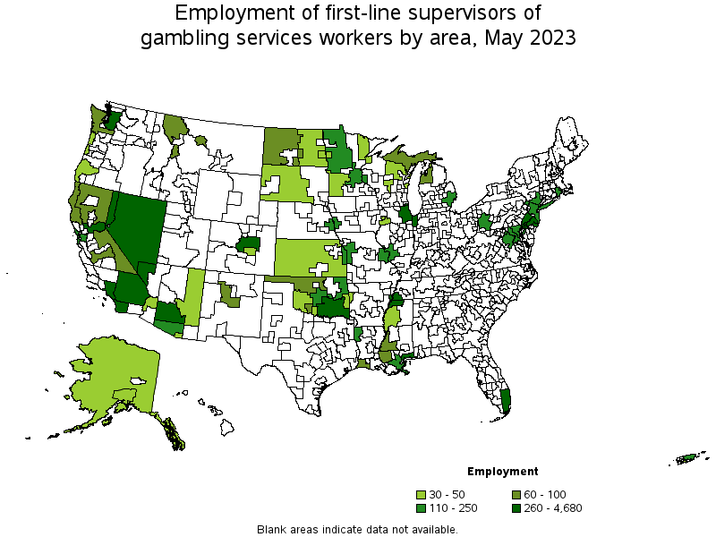 Map of employment of first-line supervisors of gambling services workers by area, May 2023