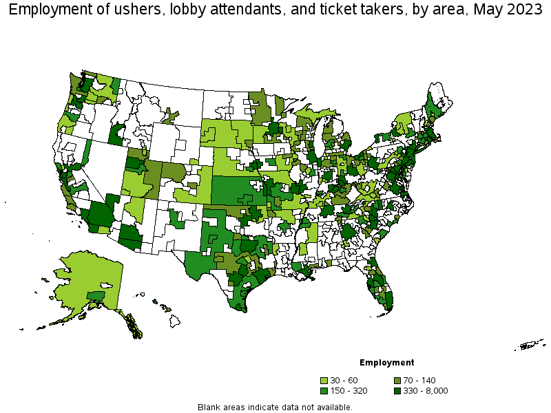 Map of employment of ushers, lobby attendants, and ticket takers by area, May 2023