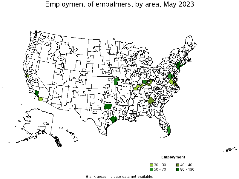 Map of employment of embalmers by area, May 2023