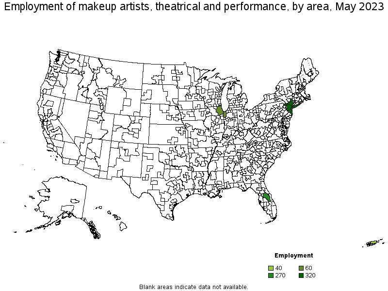 Map of employment of makeup artists, theatrical and performance by area, May 2023