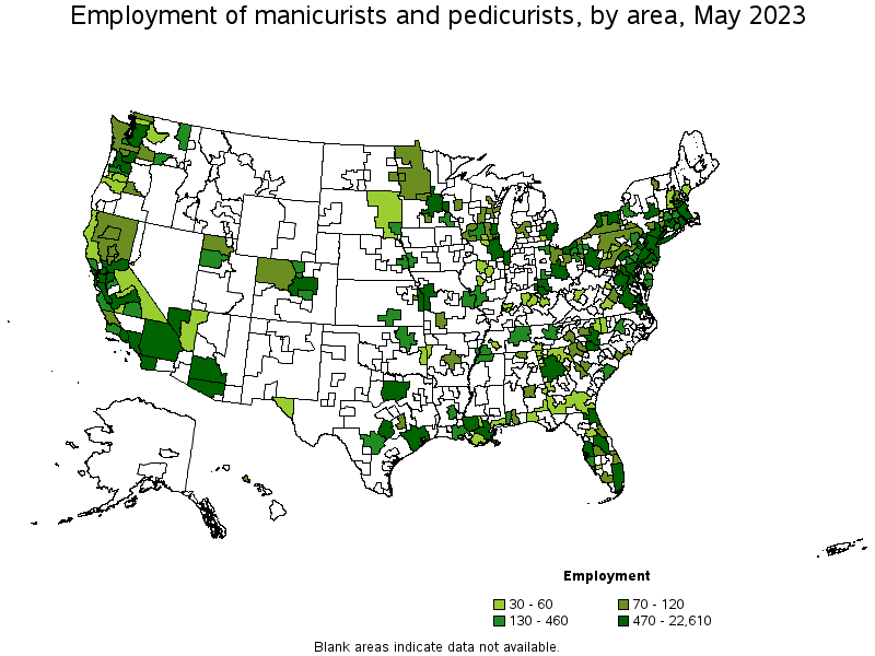Map of employment of manicurists and pedicurists by area, May 2023