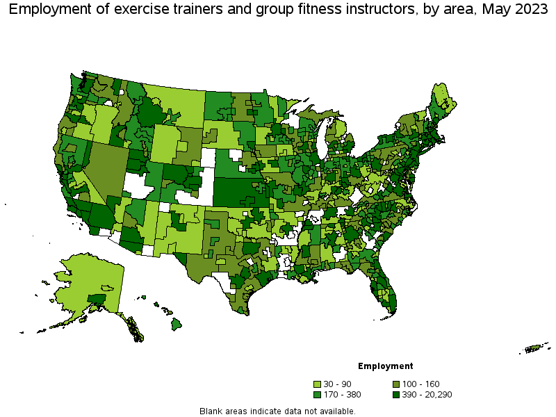 Map of employment of exercise trainers and group fitness instructors by area, May 2023