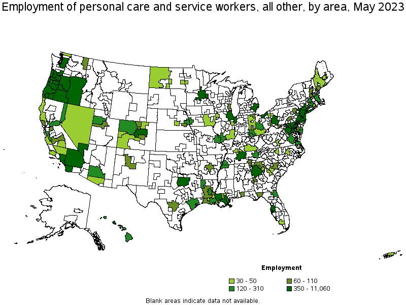 Map of employment of personal care and service workers, all other by area, May 2023