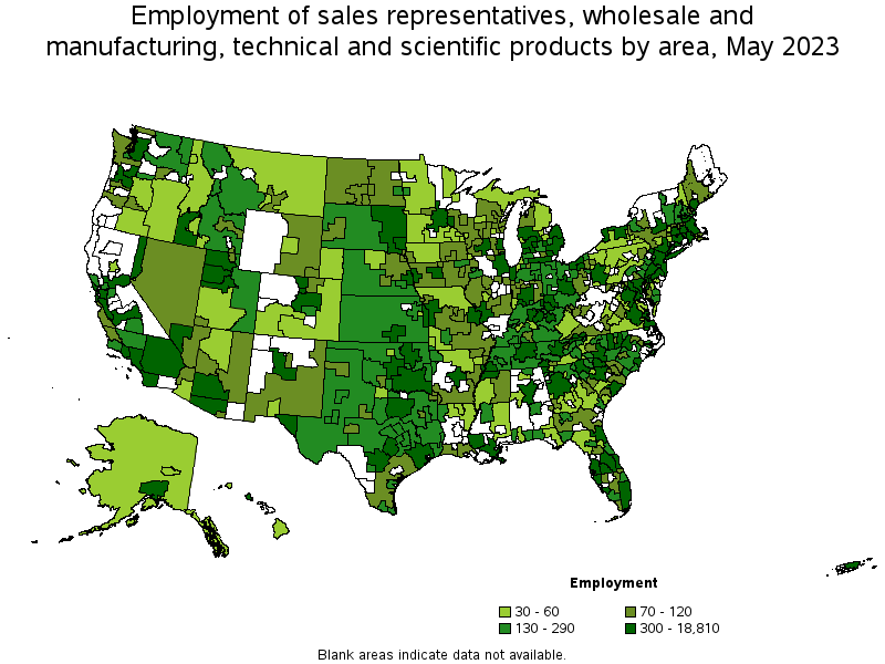 Map of employment of sales representatives, wholesale and manufacturing, technical and scientific products by area, May 2023