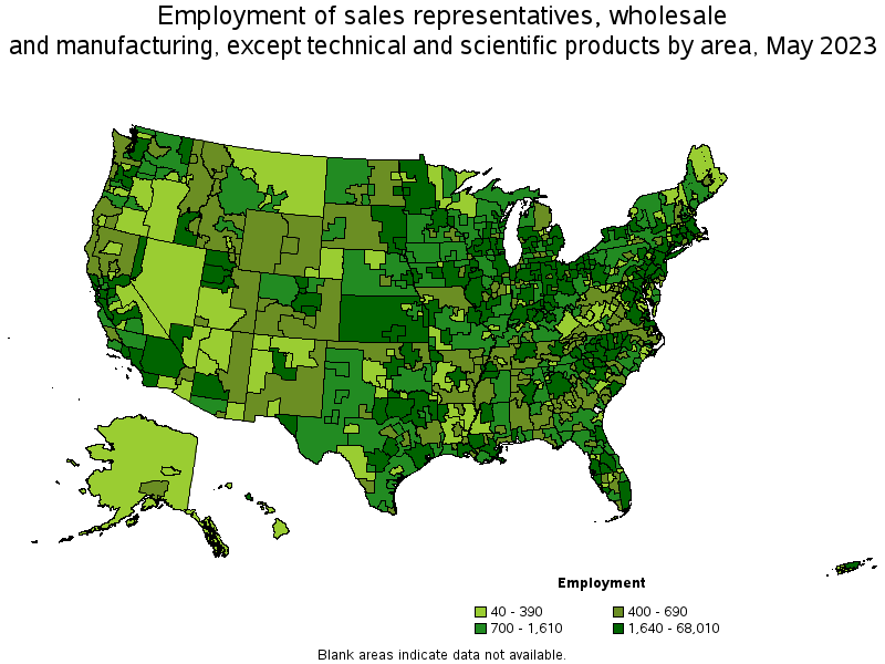 Map of employment of sales representatives, wholesale and manufacturing, except technical and scientific products by area, May 2023