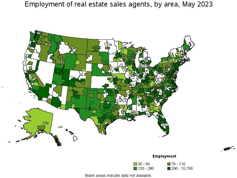 Map of employment of real estate sales agents by area, May 2023