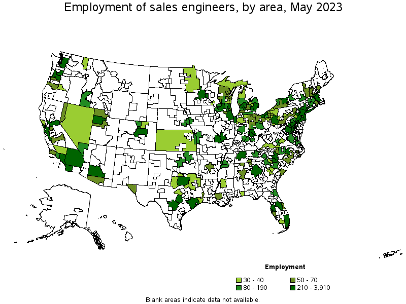 Map of employment of sales engineers by area, May 2023