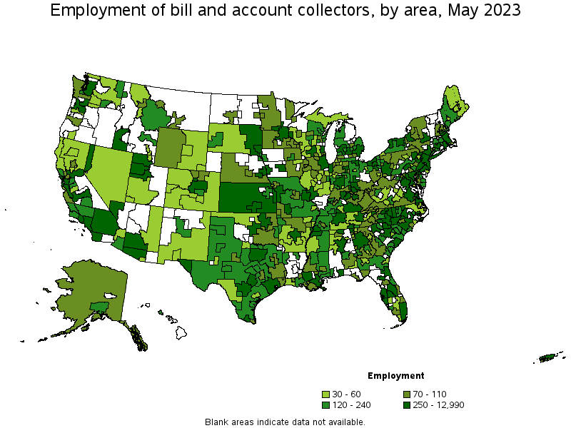 Map of employment of bill and account collectors by area, May 2023