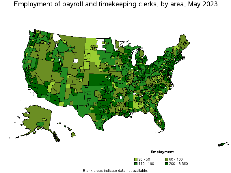 Map of employment of payroll and timekeeping clerks by area, May 2023