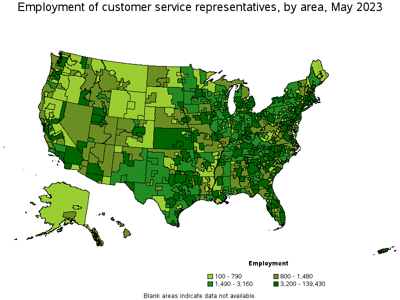 Map of employment of customer service representatives by area, May 2023