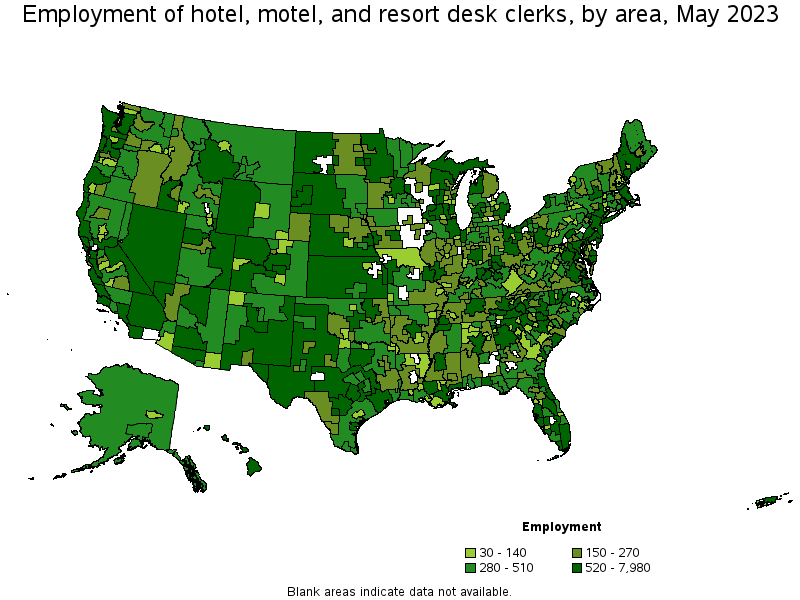 Map of employment of hotel, motel, and resort desk clerks by area, May 2023